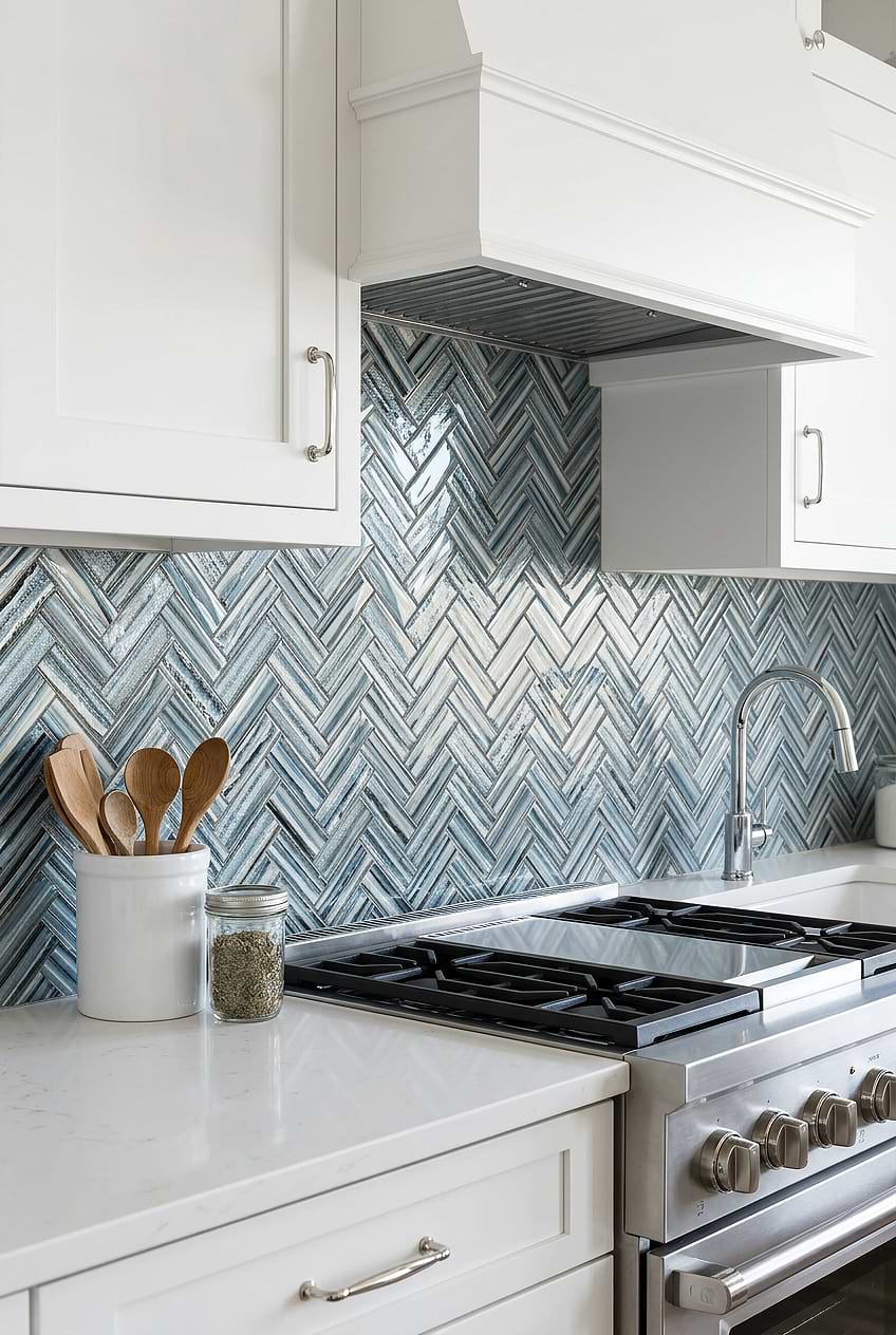 Arctic Blue Glass Herringbone Backsplash BA5525