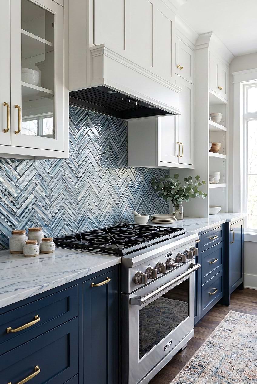 Arctic Blue Glass Herringbone Backsplash BA5525