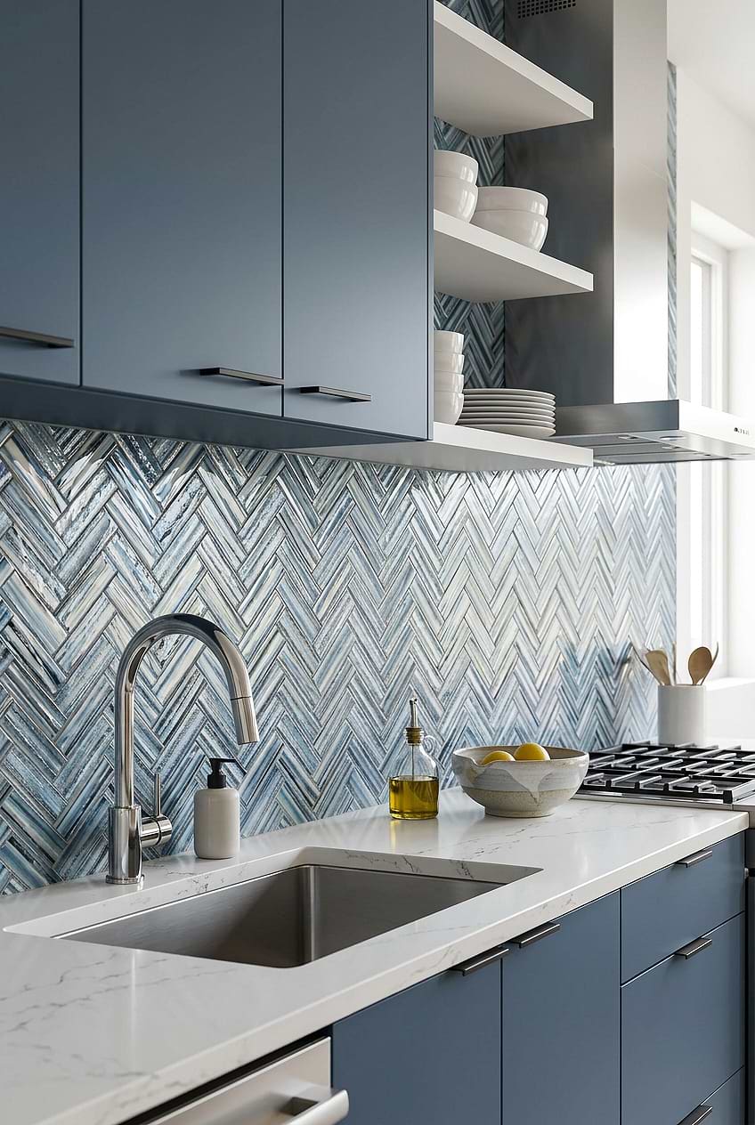 Arctic Blue Glass Herringbone Backsplash Kitchen BA5525