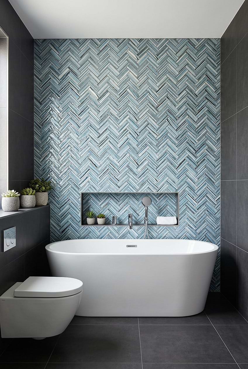 Arctic Blue Glass Herringbone Bathroom Accent Wall Tile BA5525