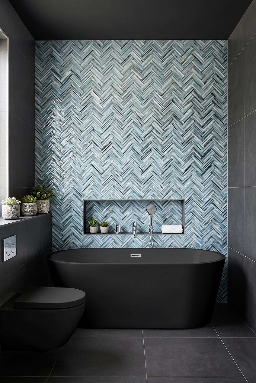 Arctic Blue Glass Herringbone Bathtub Wall Tile BA5525