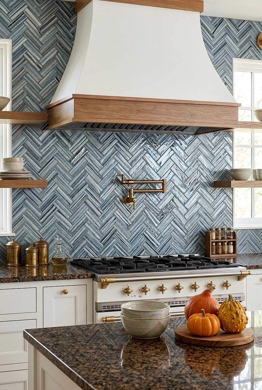 Arctic Blue Glass Herringbone Kitchen Backsplash BA5525