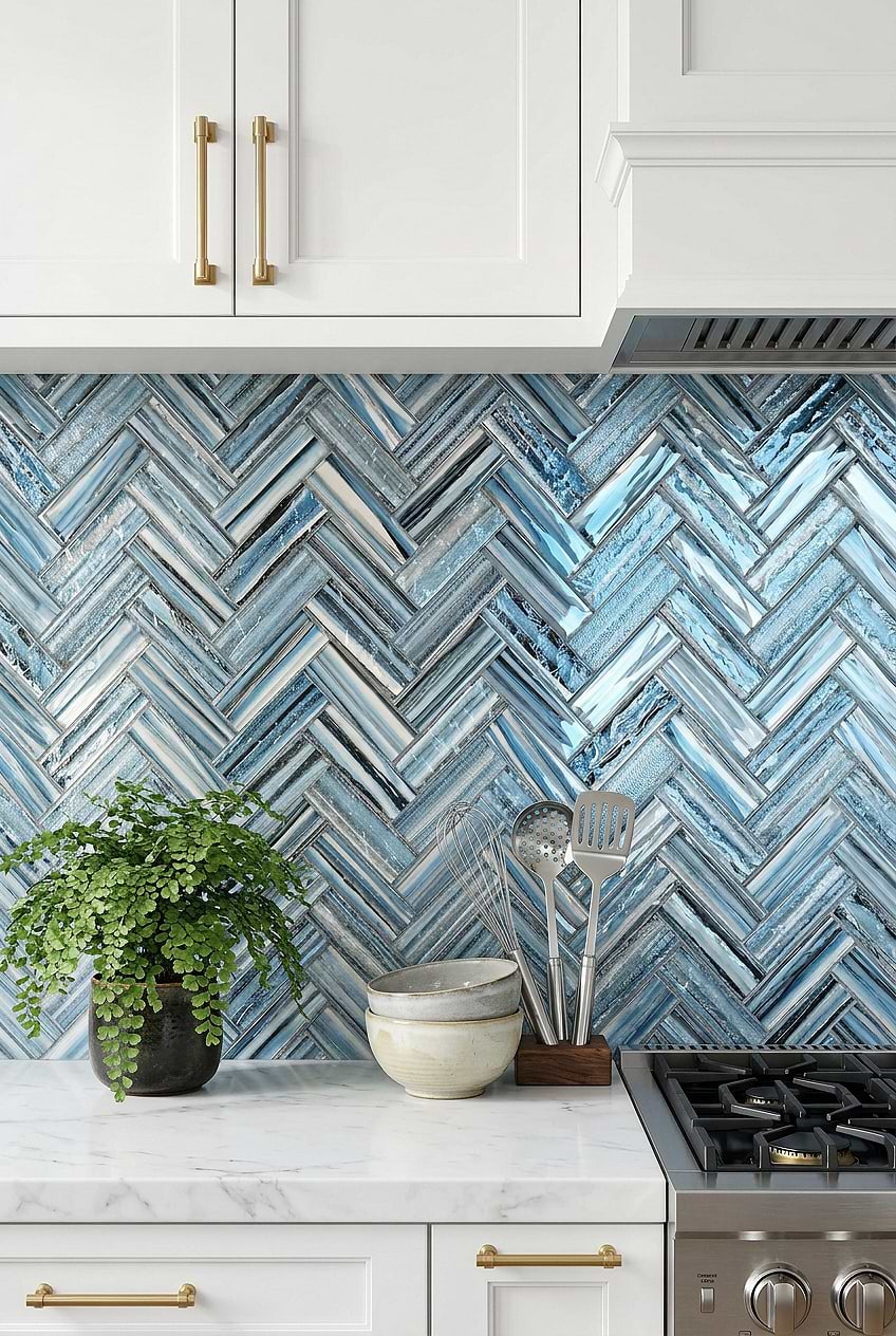 Arctic Blue Glass Herringbone Kitchen Backsplash BA5525