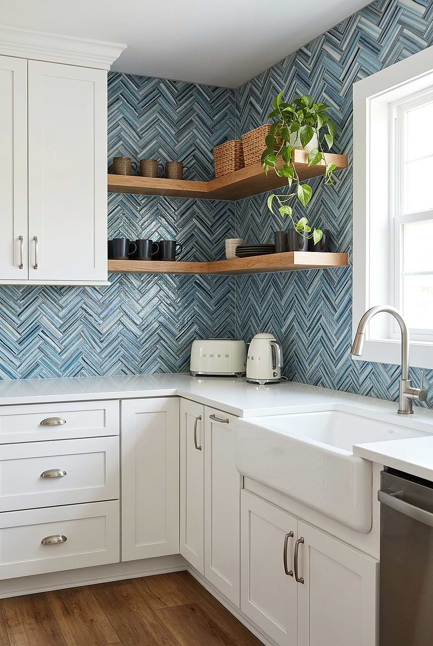 Arctic Blue Glass Herringbone Kitchen Backsplash BA5525