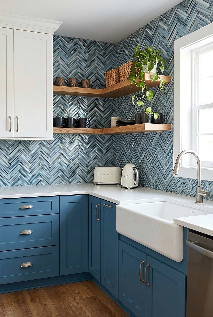 Arctic Blue Glass Herringbone Kitchen Backsplash BA5525 Arctic Blue Glass Herringbone Kitchen Backsplash BA5525