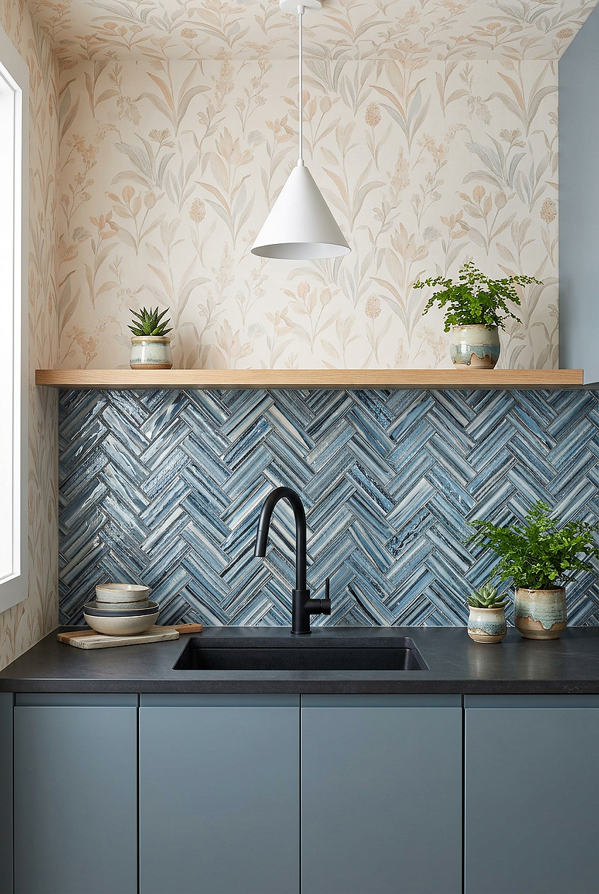 Arctic Blue Glass Herringbone Kitchen Backsplash BA5525