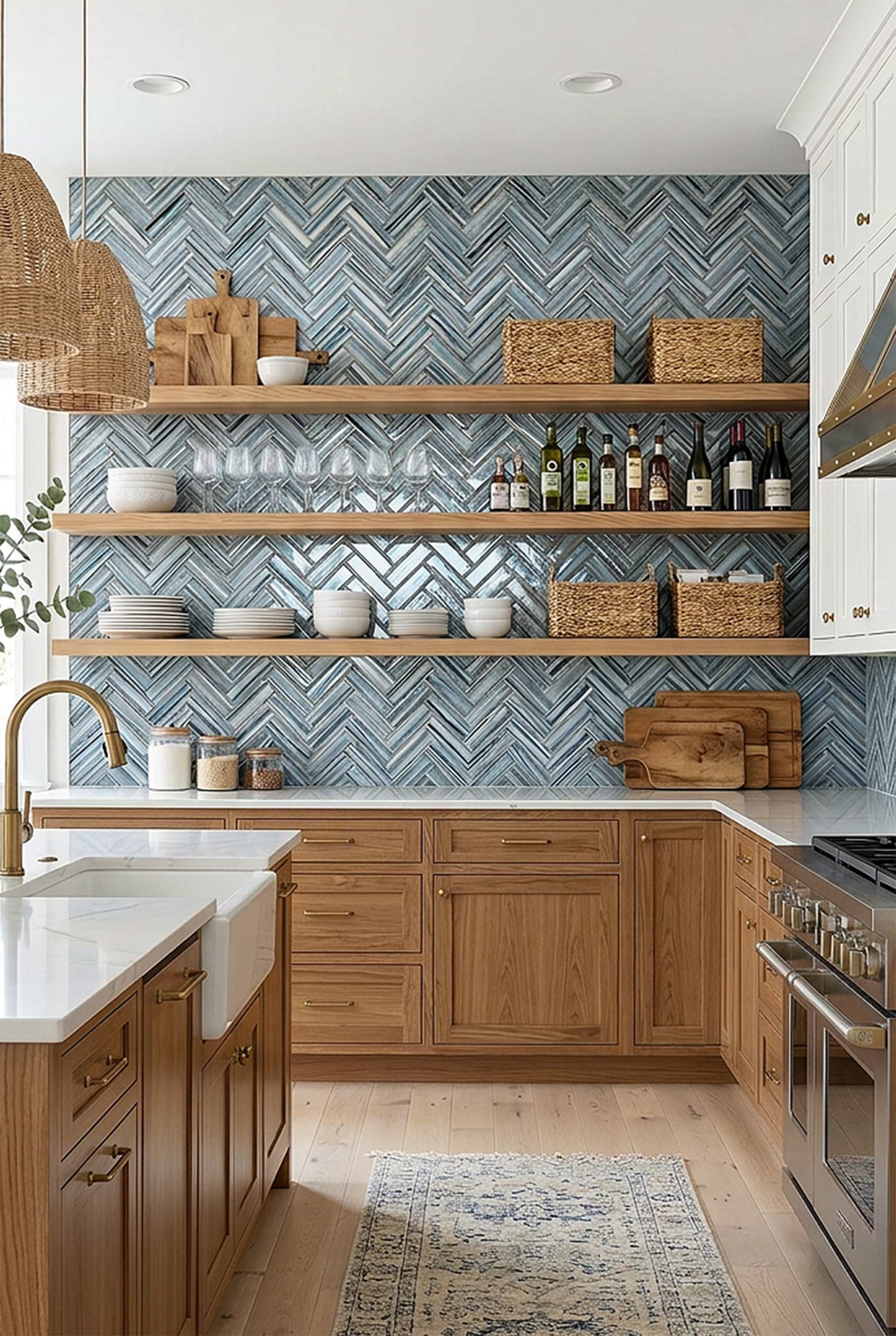 Arctic Blue Glass Herringbone Kitchen Backsplash BA5525
