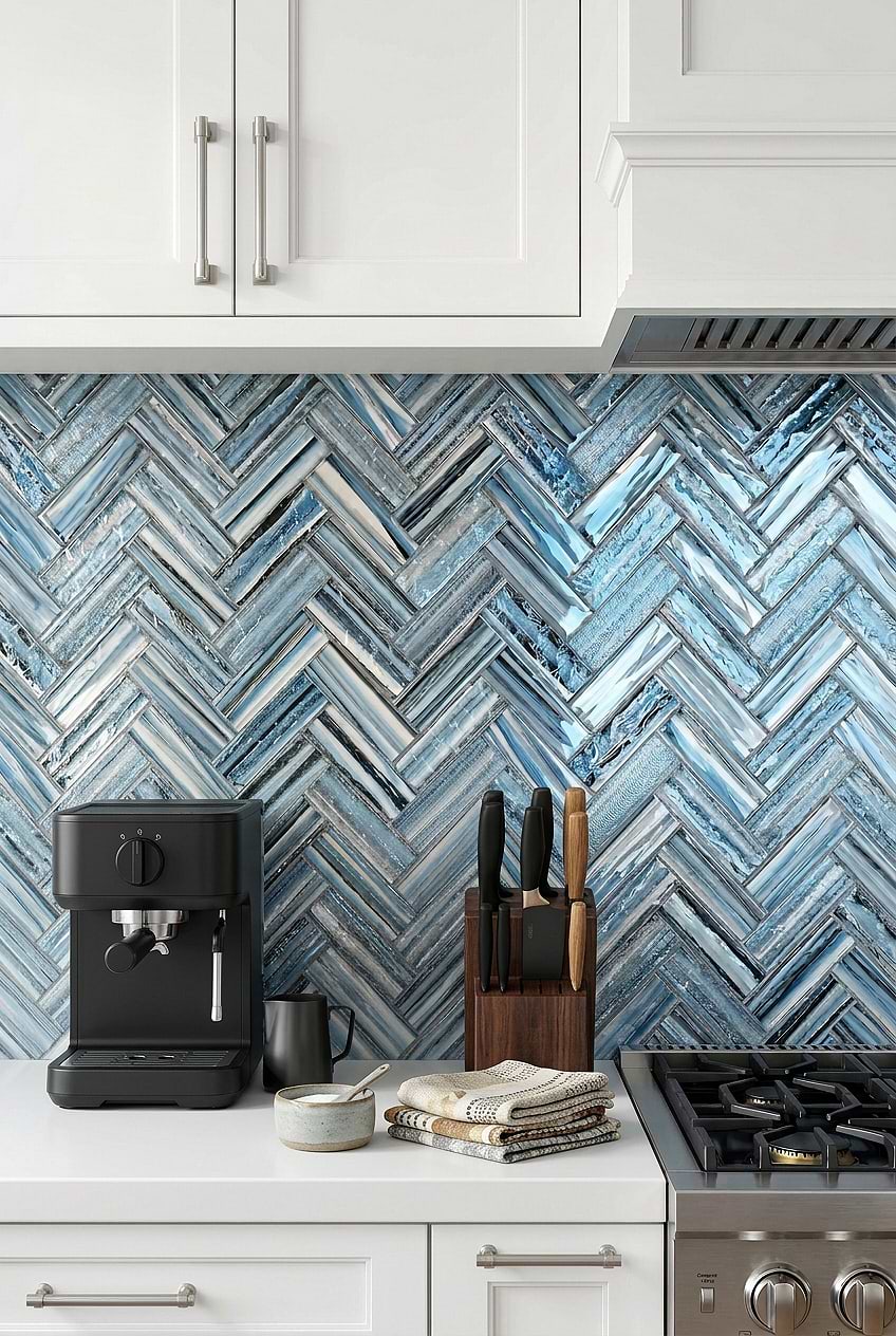 Arctic Blue Glass Herringbone Kitchen Backsplash Tile BA5525