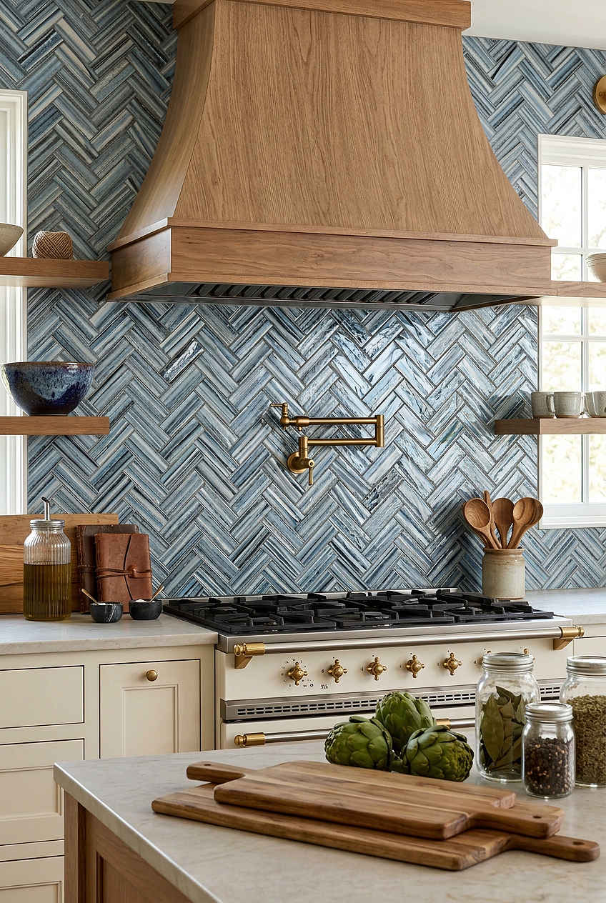 Arctic Blue Glass Herringbone Kitchen Backsplash Tile BA5525