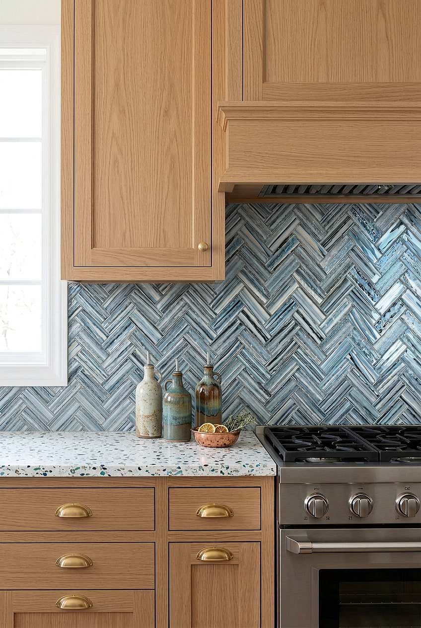 Arctic Blue Glass Herringbone Kitchen Backsplash Tile BA5525