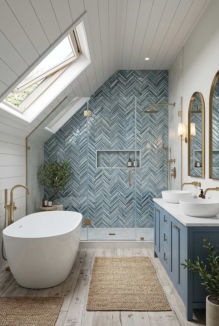 Arctic Blue Glass Herringbone Shower Accent Wall Tile BA5525