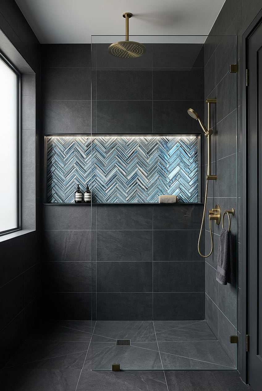 Arctic Blue Glass Herringbone Shower Niche Tile BA5525