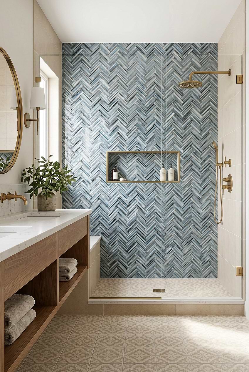 Arctic Blue Glass Herringbone Shower Wall Tile BA5525