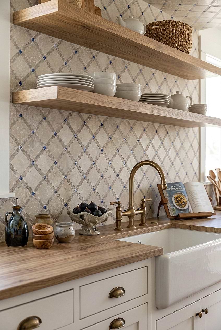 Beige Travertine Blue Glass Diamond Backsplash Tile BA1029