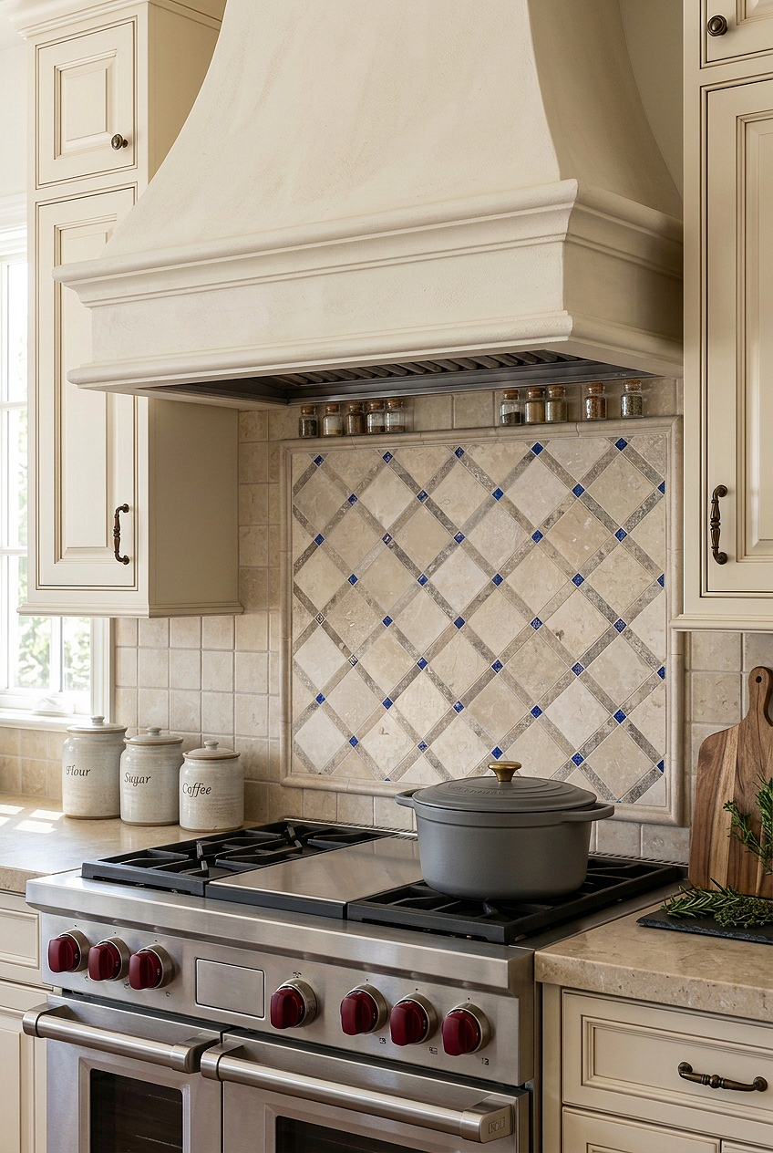 Beige Travertine Blue Glass Diamond Backsplash Tile BA1029