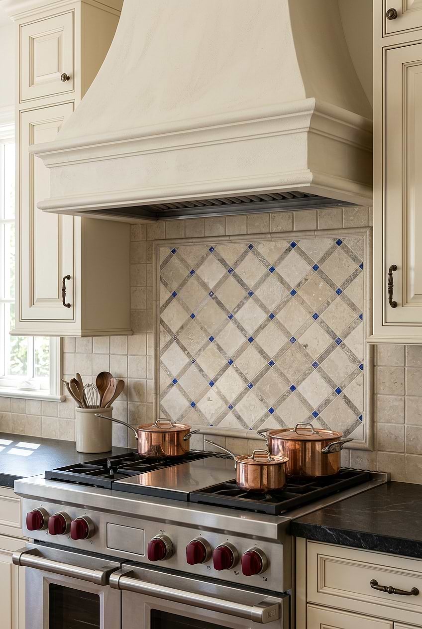 Beige Travertine Blue Glass Diamond Backsplash Tile BA1029