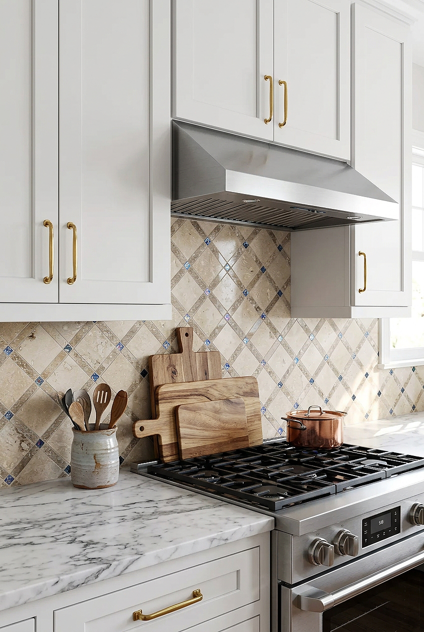 Beige Travertine Blue Glass Diamond Kitchen BA1029 Beige Travertine Blue Glass Diamond Kitchen BA1029