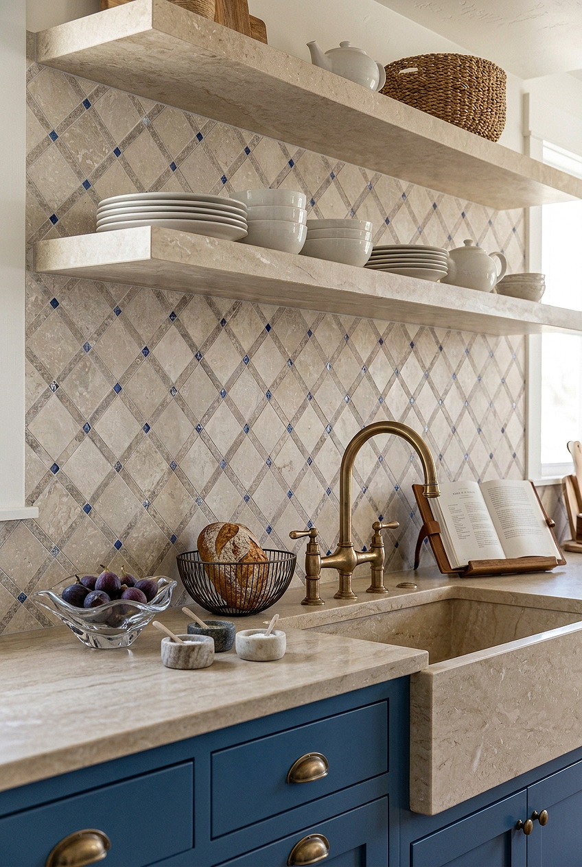 Beige Travertine Blue Glass Diamond Mosaic Backsplash BA1029 Beige Travertine Blue Glass Diamond Mosaic Backsplash BA1029