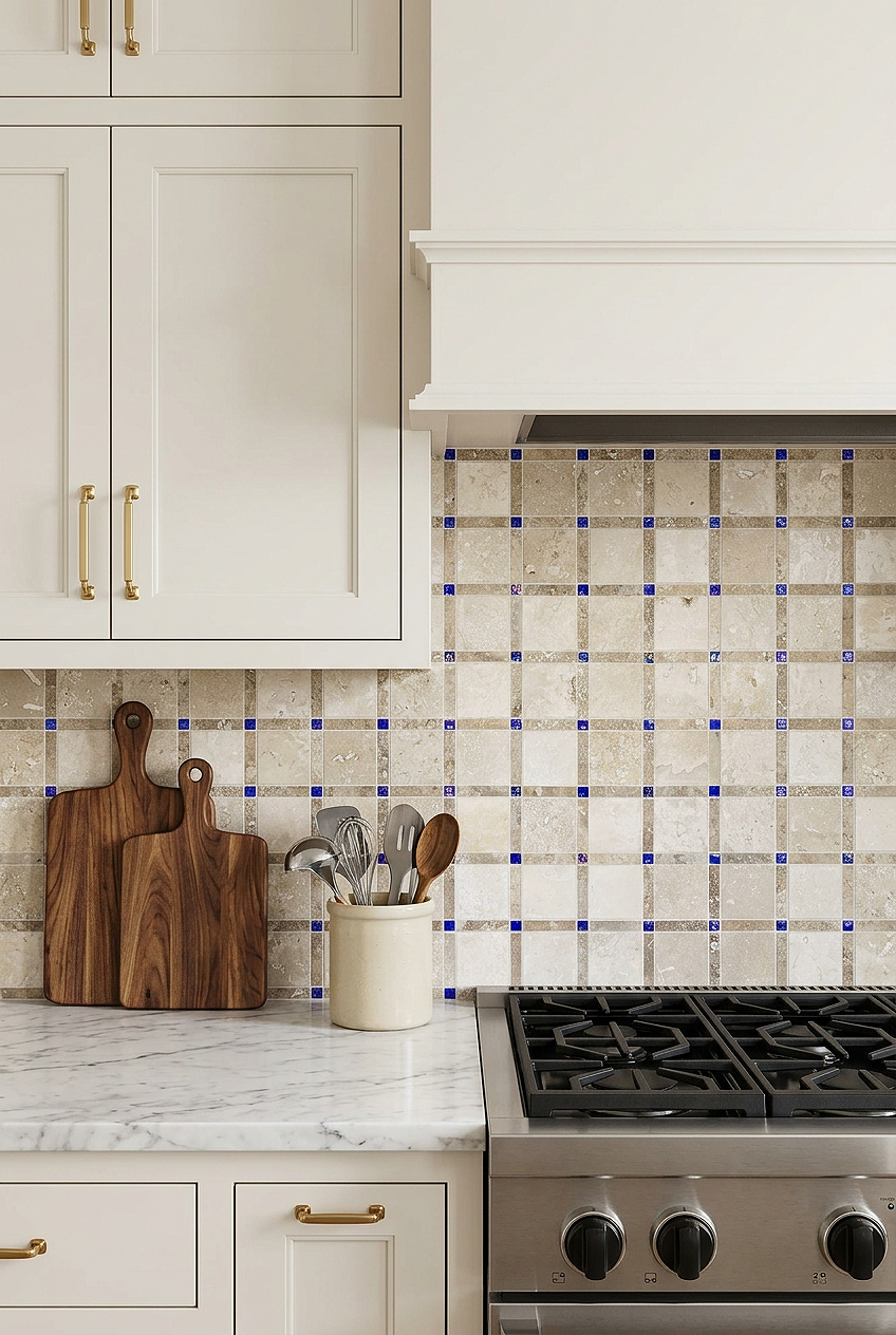 Beige Travertine Blue Glass Geometric Backsplash BA1029 Beige Travertine Blue Glass Geometric Backsplash BA1029