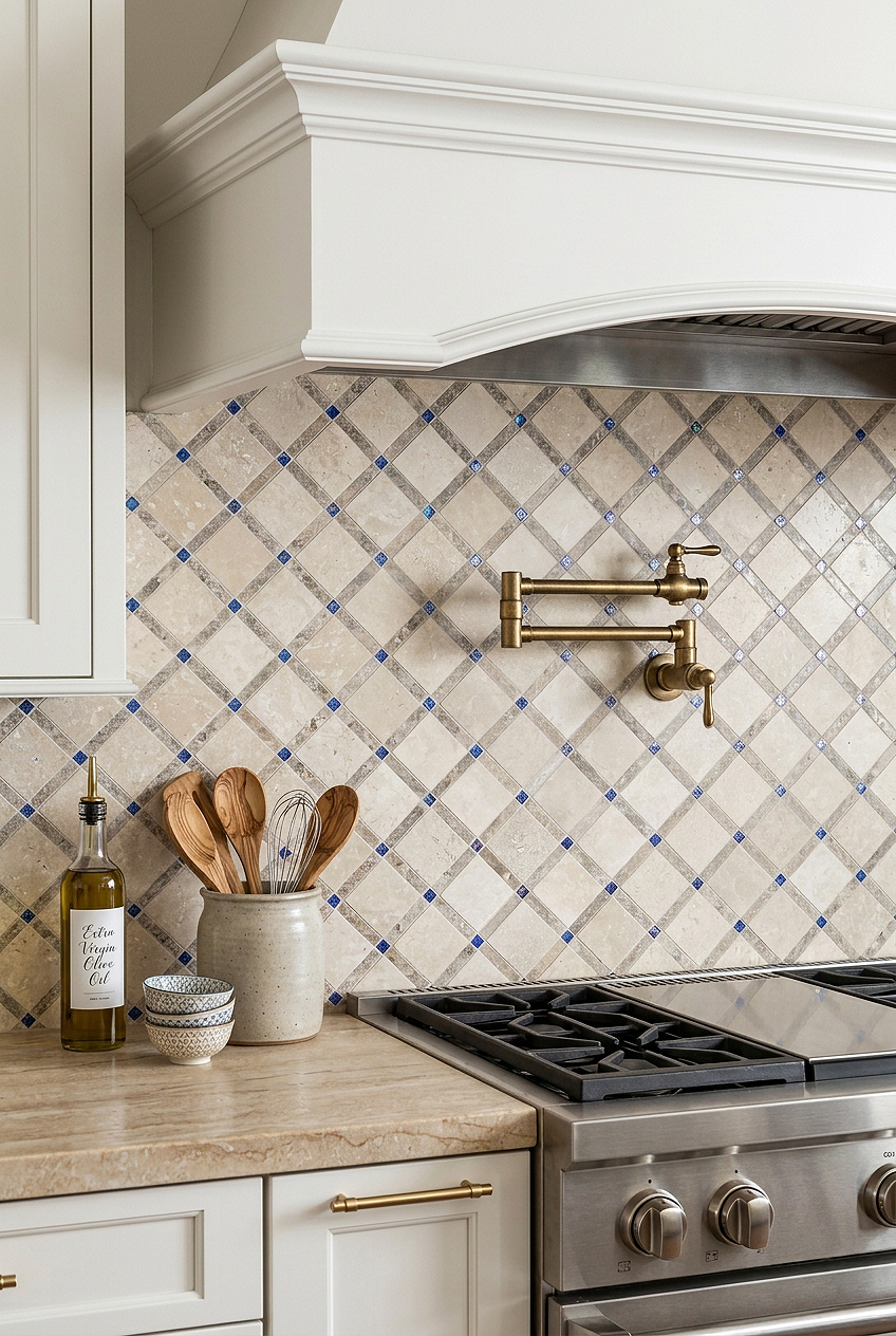 Beige Travertine Blue Glass Traditional Kitchen Backsplash BA1029 Beige Travertine Blue Glass Traditional Kitchen Backsplash BA1029