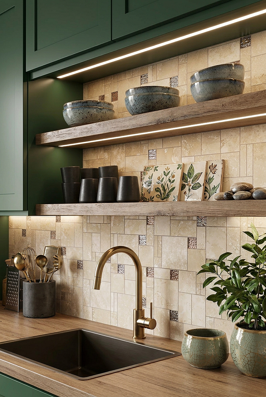 Beige Travertine Brown Glass Mosaic Backsplash BA1043 Beige Travertine Brown Glass Mosaic Backsplash BA1043