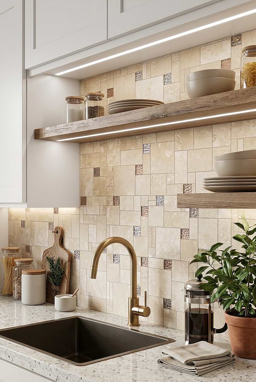 Beige Travertine Brown Glass Mosaic Backsplash BA1043