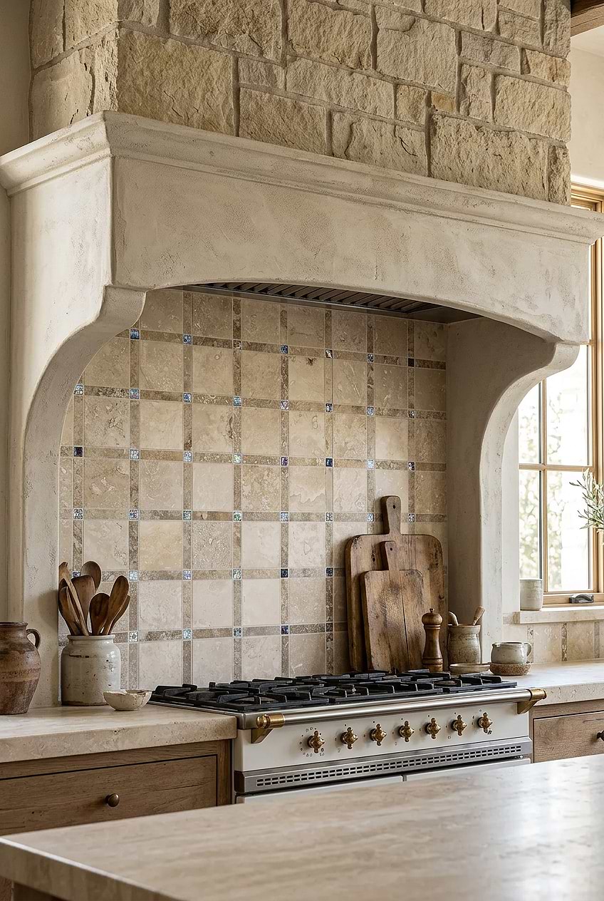 Beige Travertine Burgundy Glass Kitchen Backsplash Tile BA1029