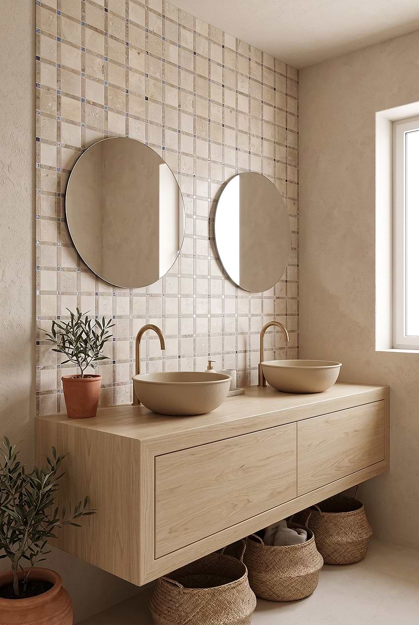 Beige Travertine Glass Grid Mosaic Bathroom BA1029