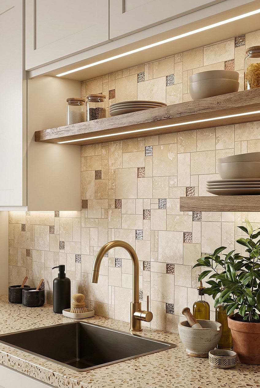 Beige Travertine Glass Kitchen Backsplash BA1043