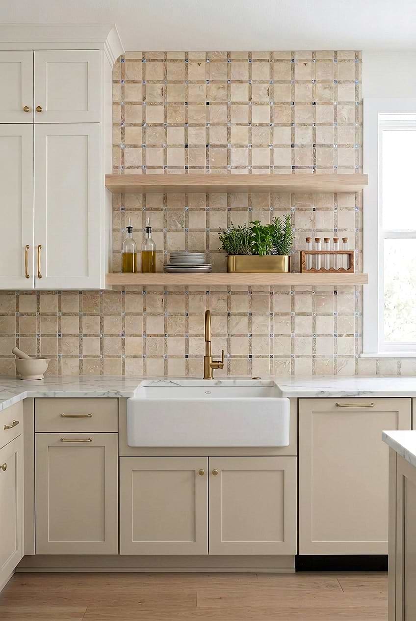 Beige Travertine Glass Mosaic Backsplash BA1029