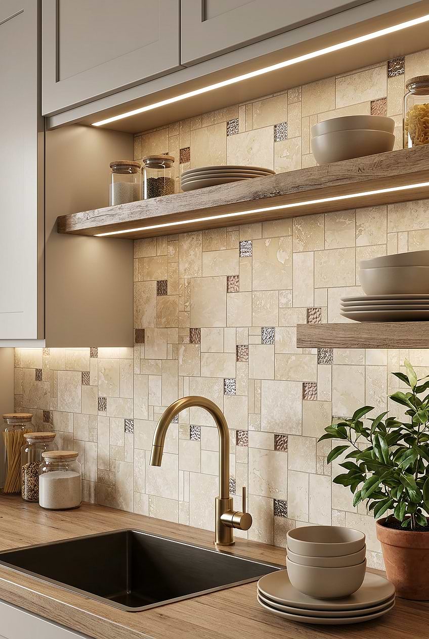 Beige Travertine Glass Mosaic Backsplash BA1043