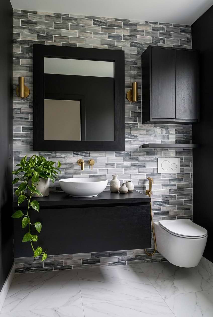 Black Bathroom Ideas Gray Beige Glass Subway Tile BA8009