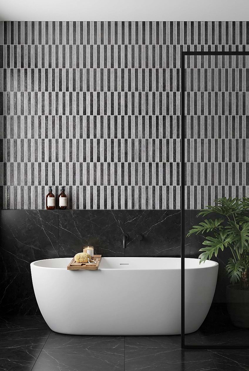 Black Bathroom Ideas Shimmery Black White Glass Mosaic Tile BA8024