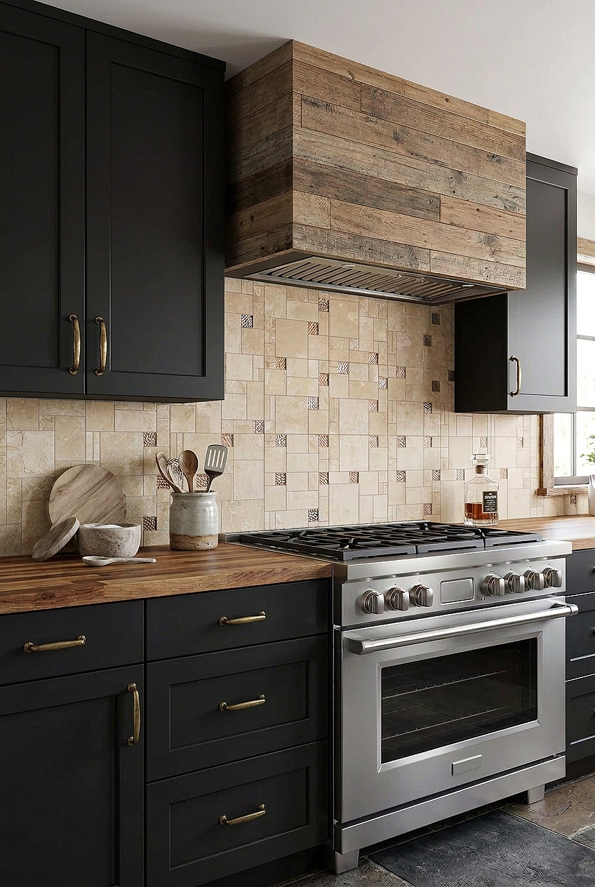 Black Cabinets Beige Travertine Glass Backsplash Tile BA1043 Black Cabinets Beige Travertine Glass Backsplash Tile BA1043