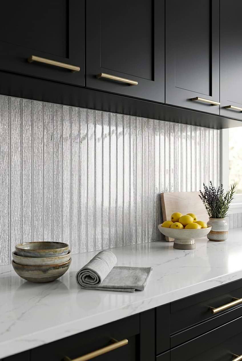 Black Cabinets with Shimmery White Vertical Glass Backsplash Tile BA8022