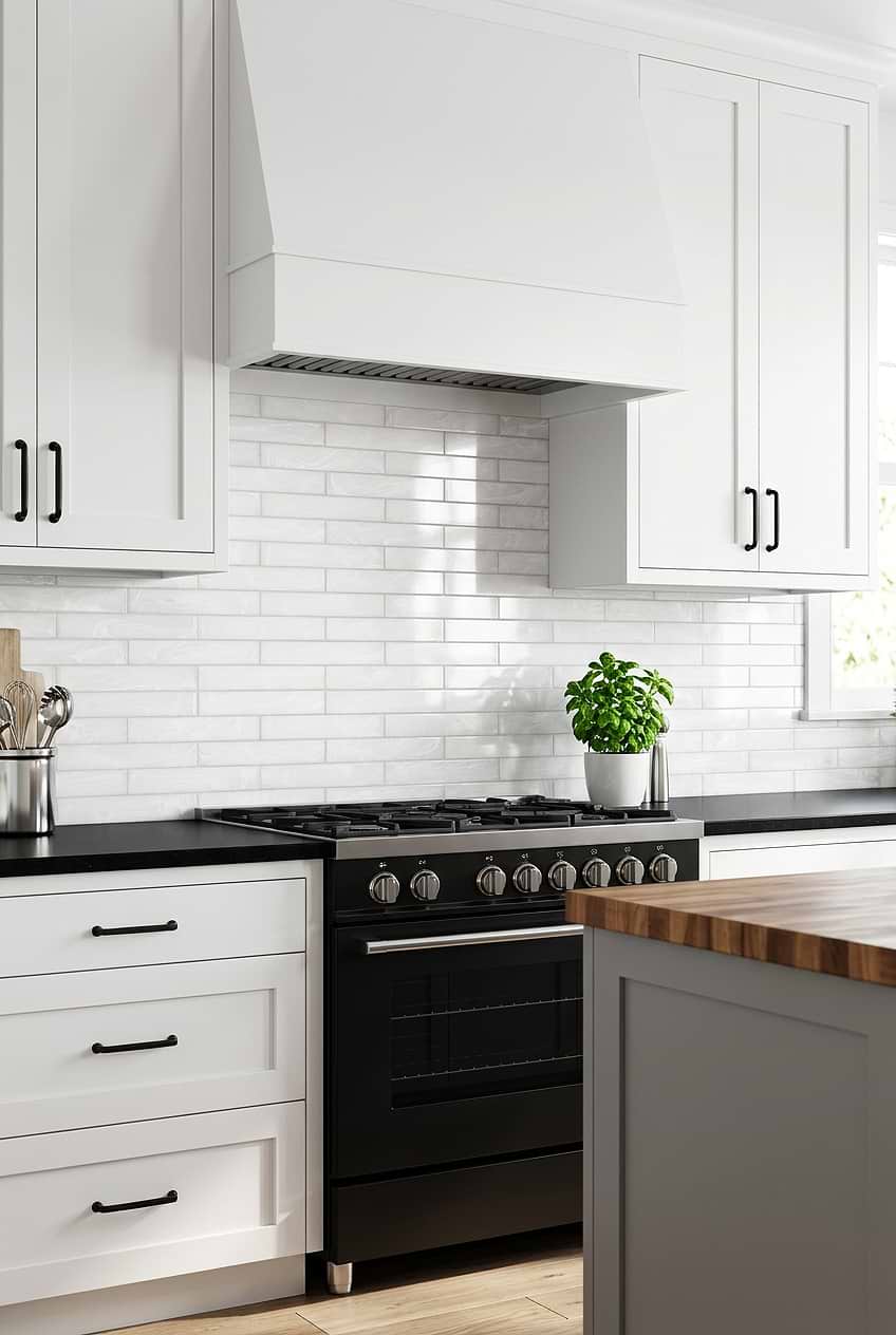 Black Countertops White Glass Subway Backsplash Tile BA6707