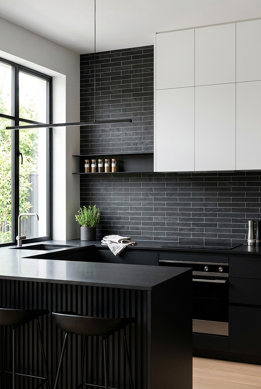 Black Gray Slate Subway Backsplash White Cabinets BA1045