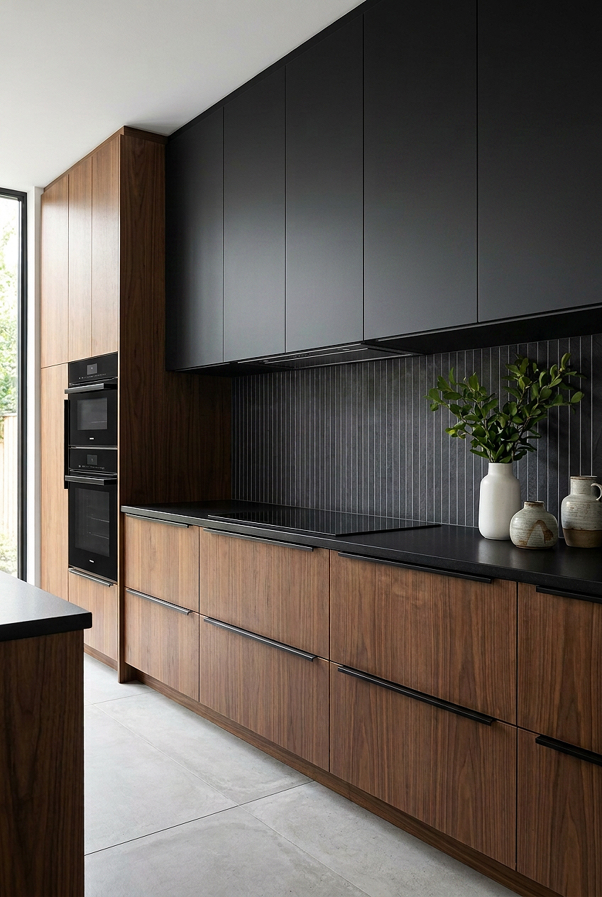 Black Kitchen Ideas with Dark Gray Vertical Slate Tile BA1081