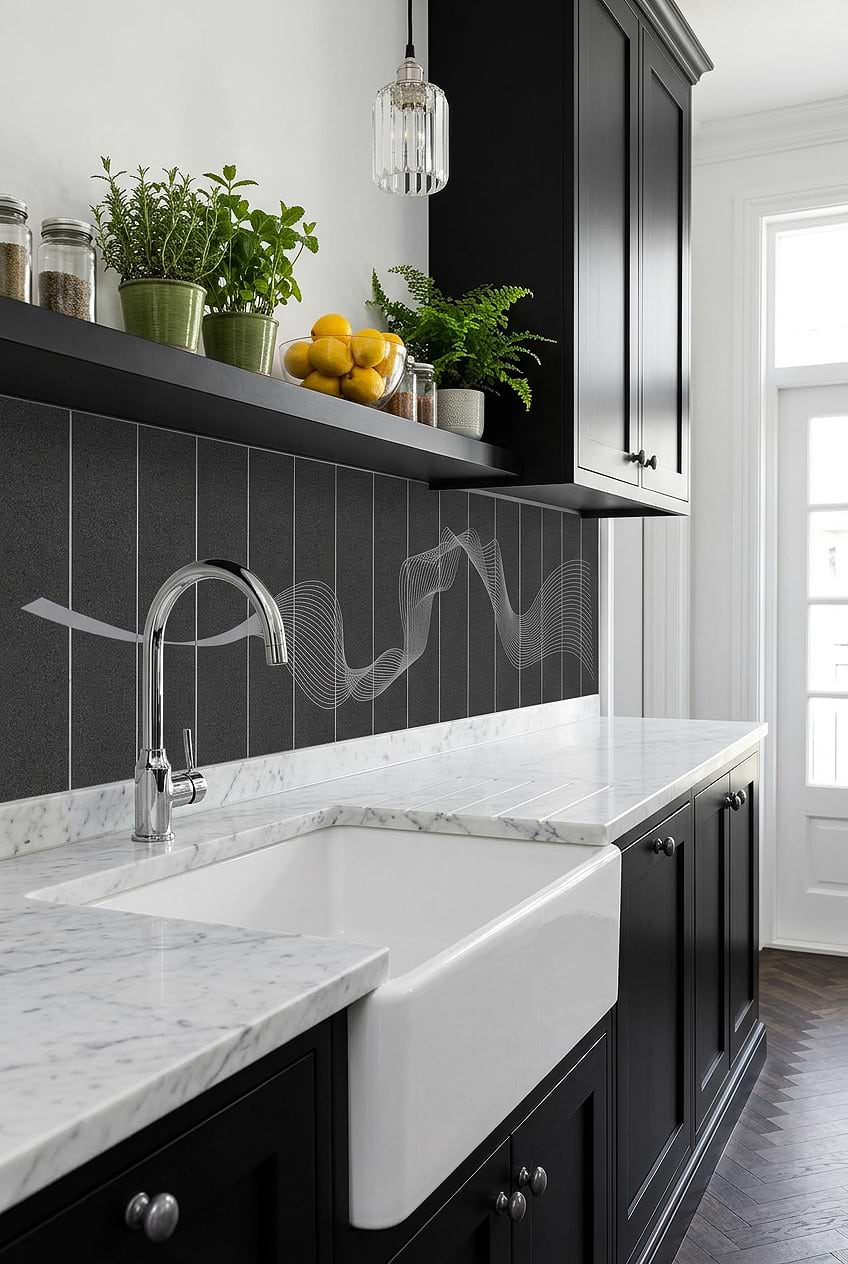 Black Stone Engraved Wave Backsplash Tile BA9901