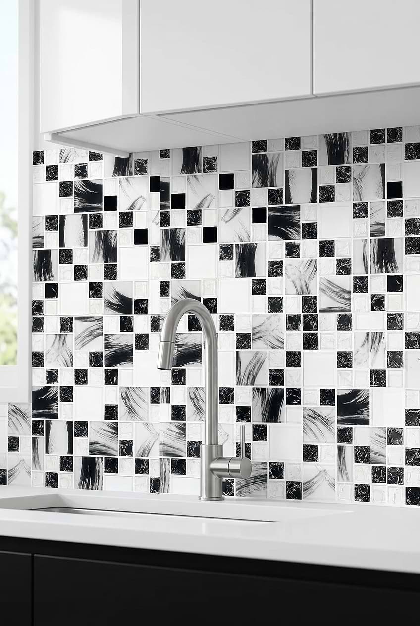 Black White Glass Mixed Pattern Mosaic Backsplash Tile BA64002
