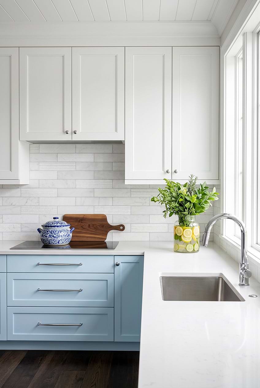 Blue Cabinets White Marble Subway Tile BA8035