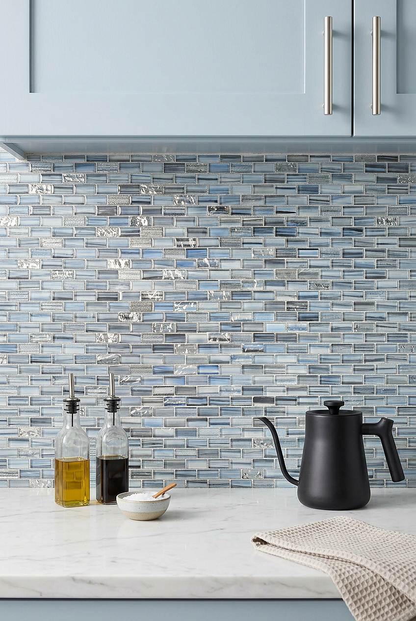 Blue Cabinets with Blue Hand Painted Glass Mosaic Tile BA5516