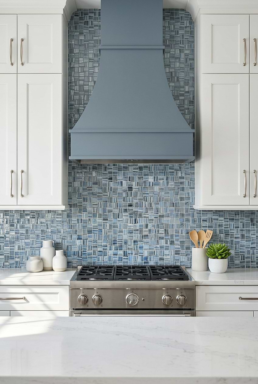 Blue Glass Hand Painted Mosaic Kitchen Tile BA5515