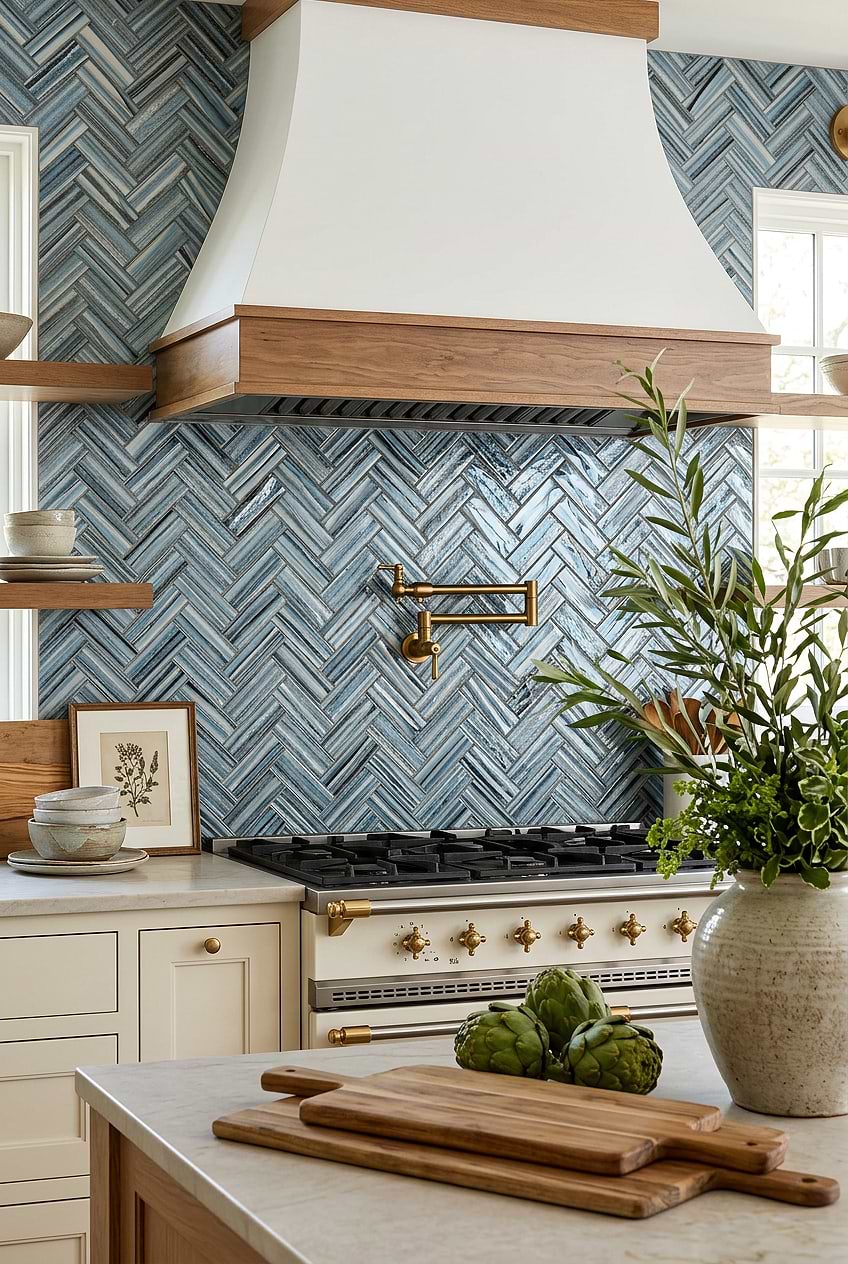 Blue Glass Herringbone Kitchen Backsplash BA5525