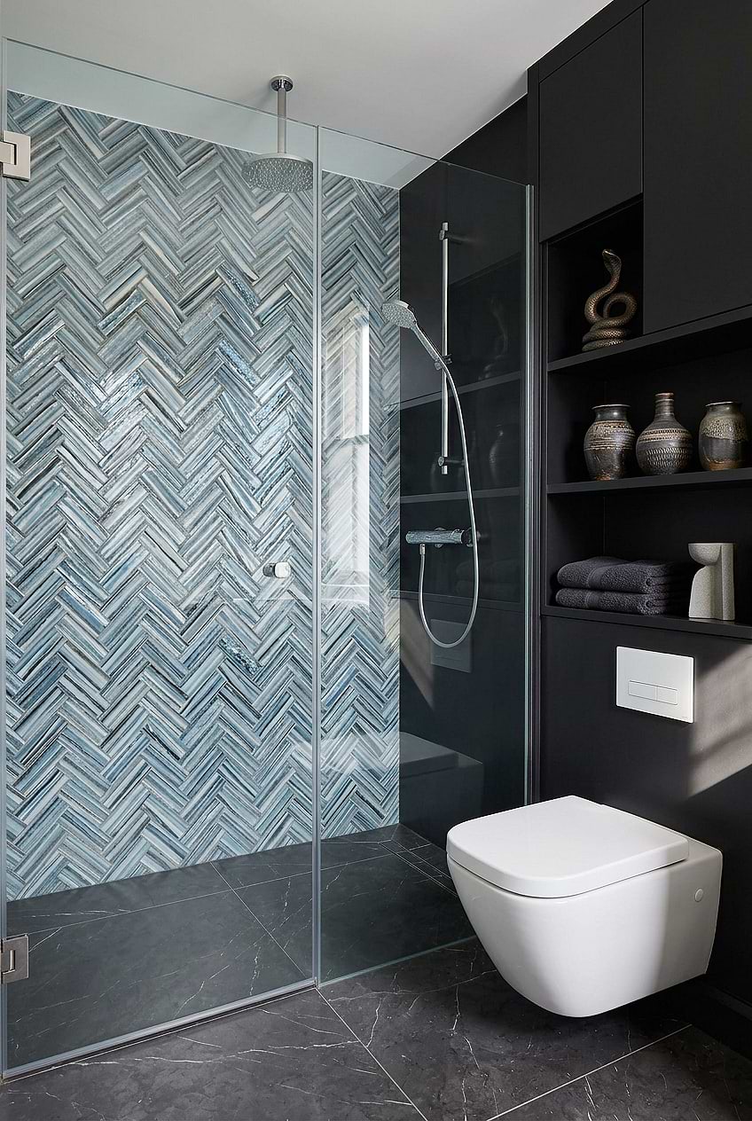 Blue Glass Herringbone Modern Shower Tile Wall BA5525