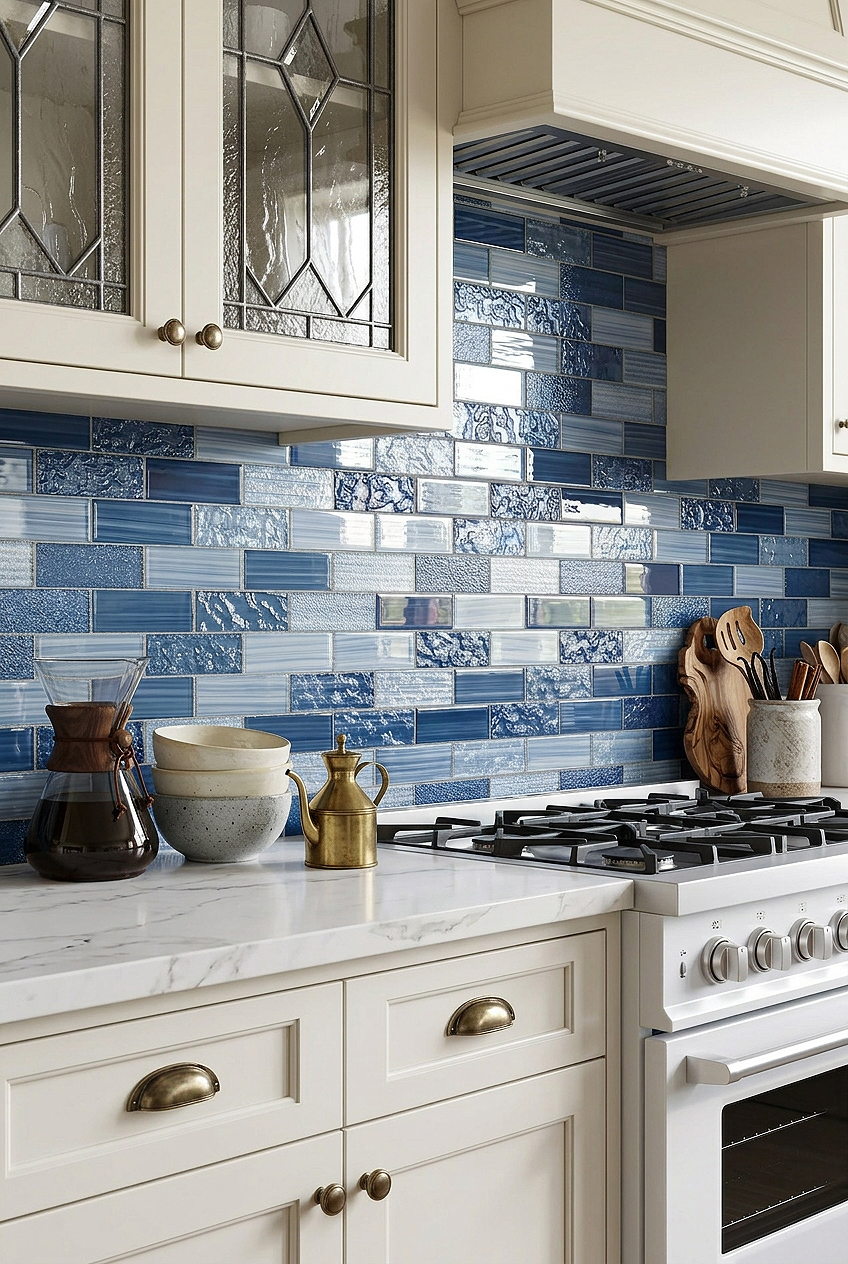 Blue Glass Textured Subway Kitchen Backsplash Tile BA5530