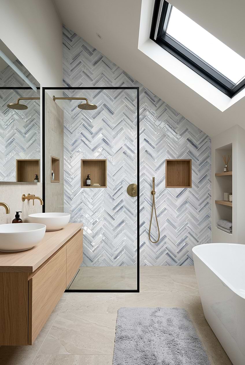 Blue Gray Glass Herringbone Shower Wall Tile BA5507 LOT B