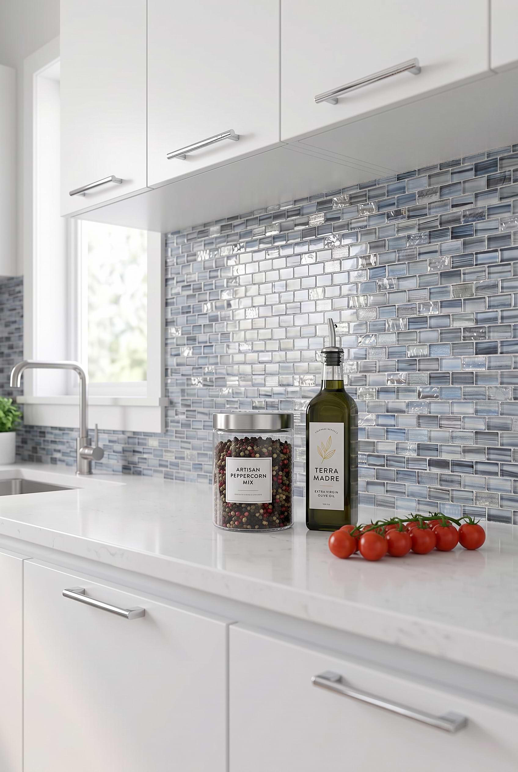 Blue Gray Hand Painted Glass Subway Tile BA5516