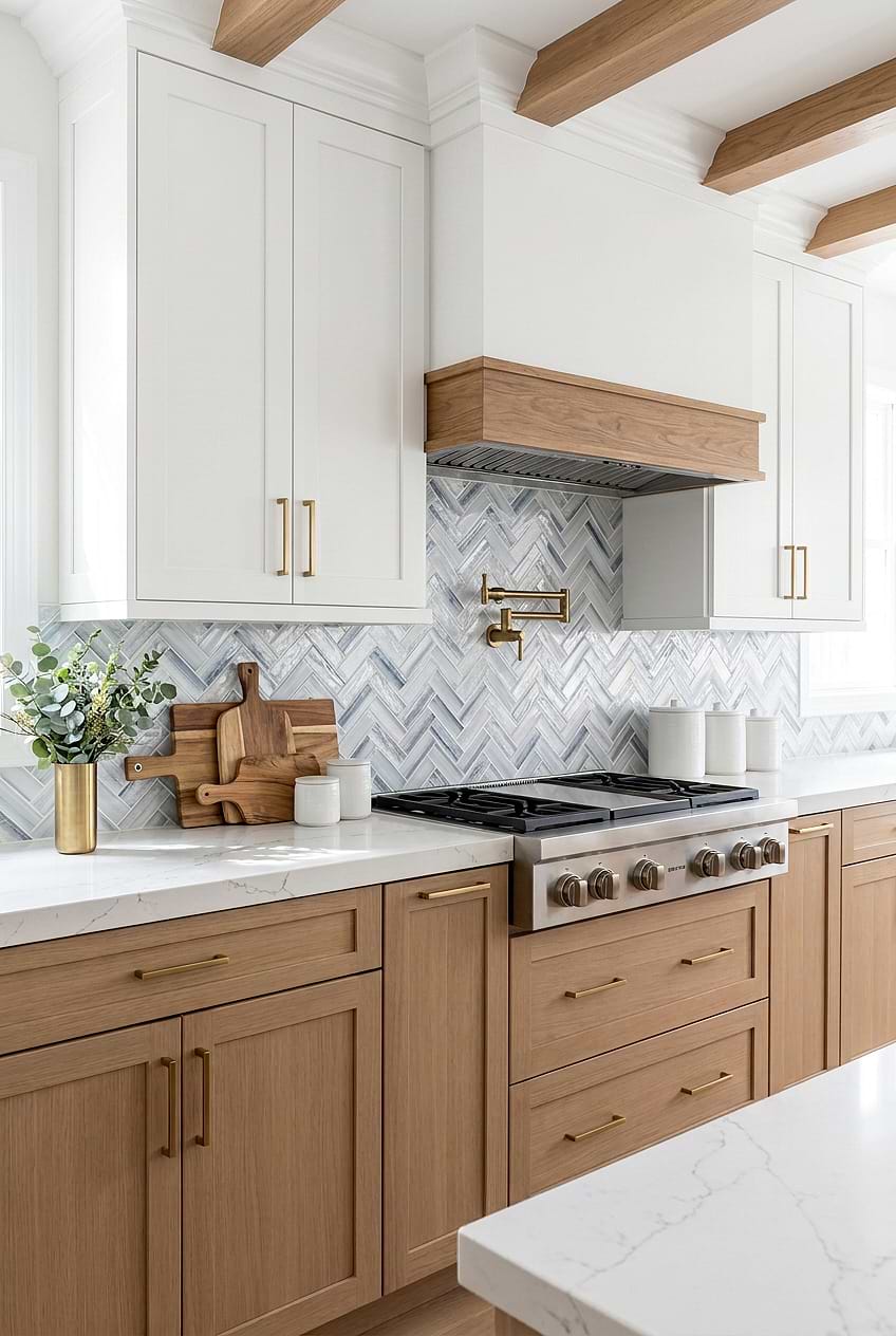 Blue Gray Herringbone Tile Wood Cabinets BA5507 LOT B