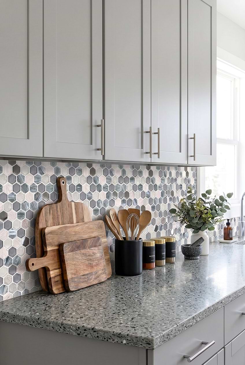 Blue Gray Hexagon Mosaic Backsplash BA62026